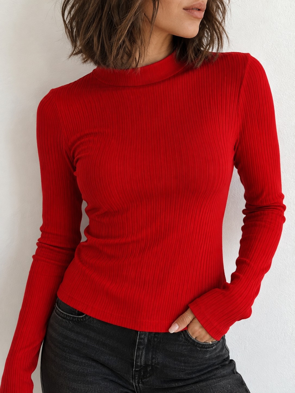 A New Day Bright Red Ribbed Mock Neck Long Sleeve Top Size M